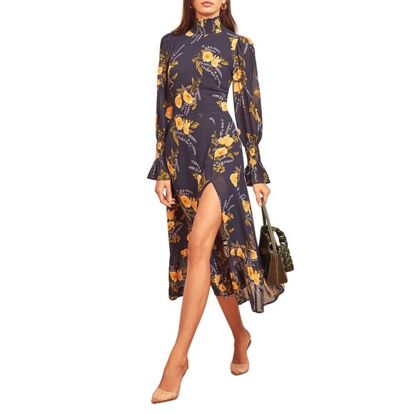 Reformation NWT Galena Blue Floral High Neck Slit Midi Dress Size 8 - Picture 1 of 13